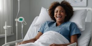 병원 침상에서 환하게 웃고 있는 흑인 여성